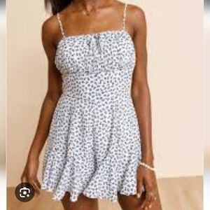 Flowy Cottage Romper White & Navy Flower Print, Ruffled Bottom Small Beachy